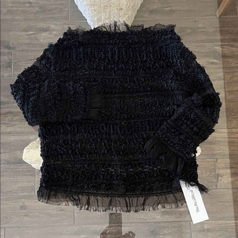 Black Textured 3/4 Sleeve Fancy Top w/Braiding and Chiffon